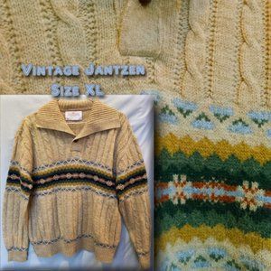 Vintage 1970's Jantzen Collared Single Button Sweater Fair Isle Nordic XL T-347